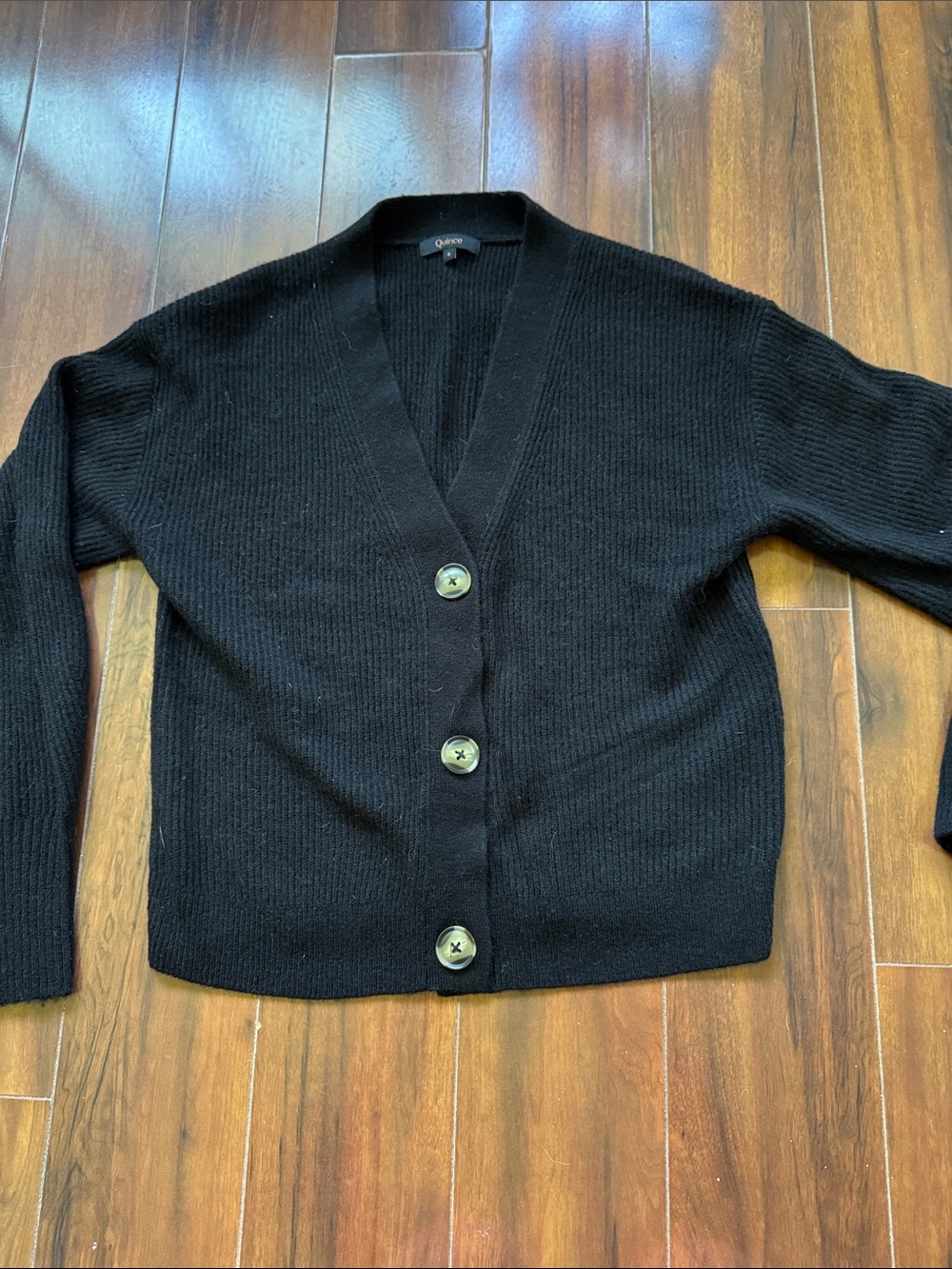 Quince Black Ribbed V-Neck Button-Up Cardigan